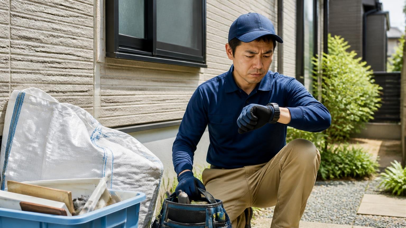対応エリアは関東で受付時間は9時から17時 家の外壁まわりで作業員1人が時計を見ながら片付ける