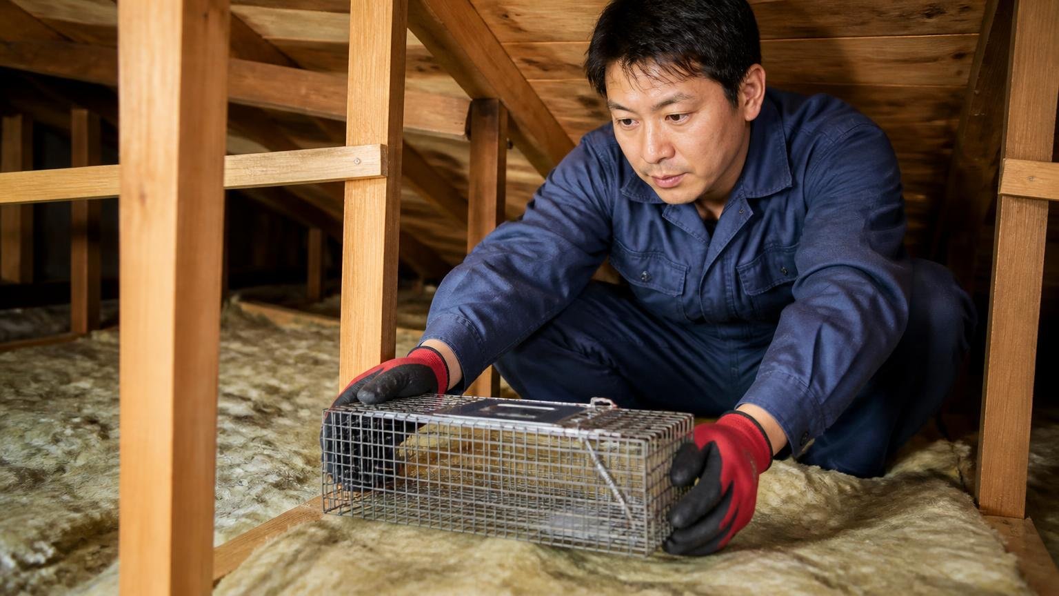 狩猟わな免許としろあり防除施工士が在籍している/木造戸建ての屋根裏で捕獲用のわなを設置/作業員1人/わなを慎重に置いて確認する