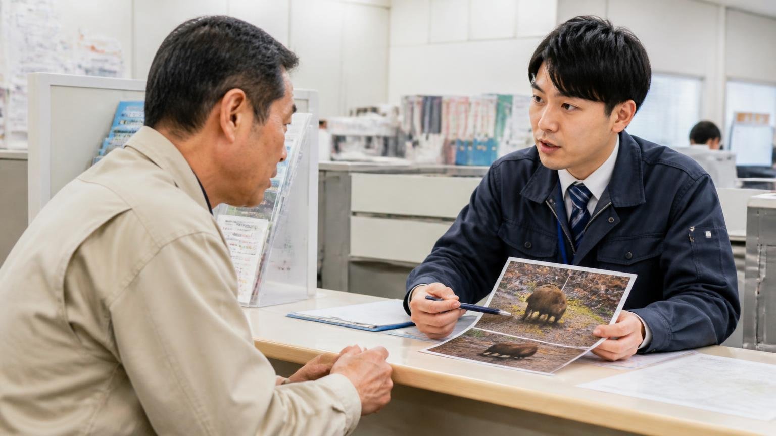自治体の窓口に害獣被害を相談する場面 区役所のカウンターで相談する住人1人と職員1人 真剣な表情