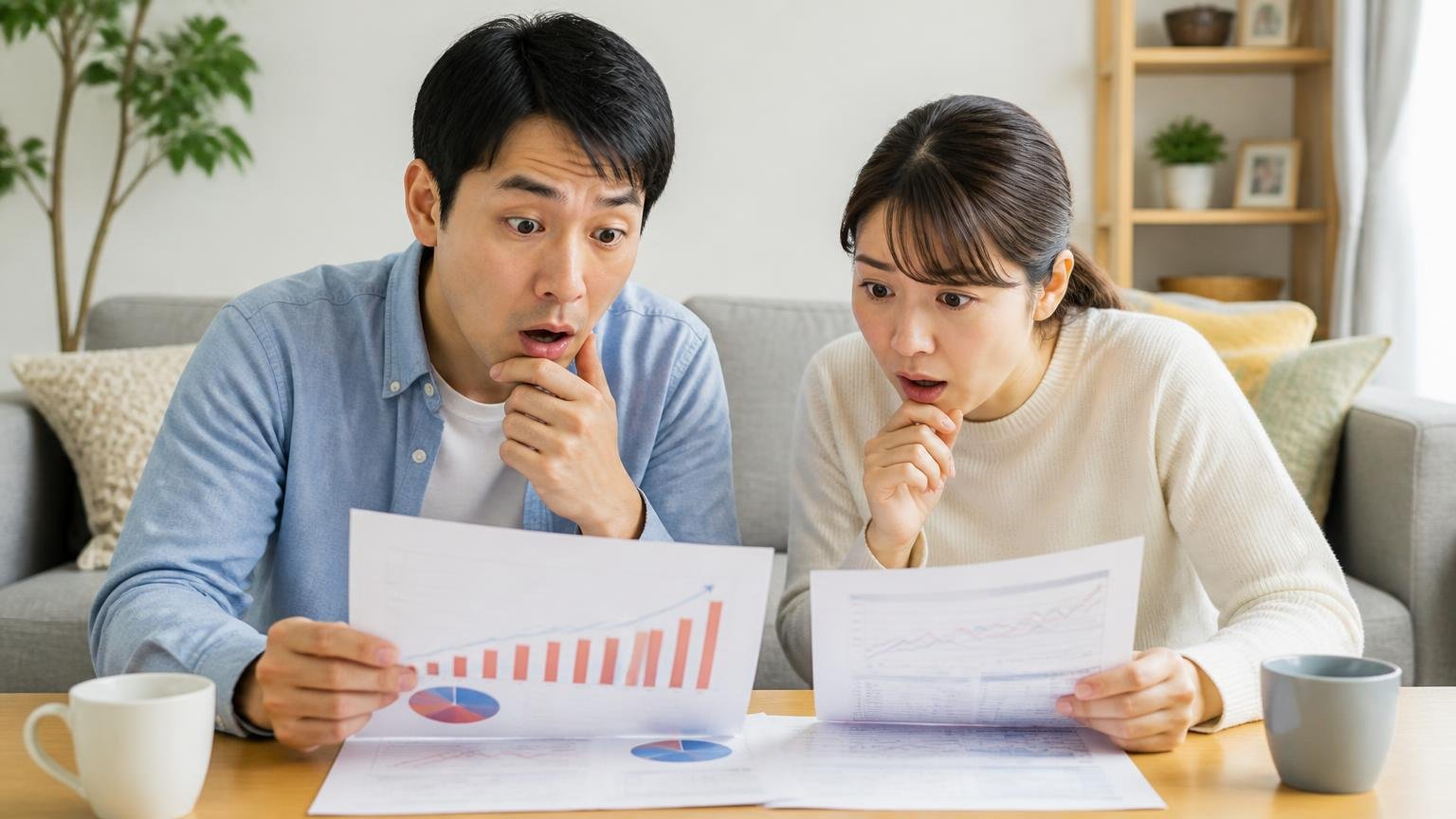 公的データが示す駆除トラブルの増加。リビングのテーブルで男性1人と女性1人がグラフの資料を見て眉を上げる