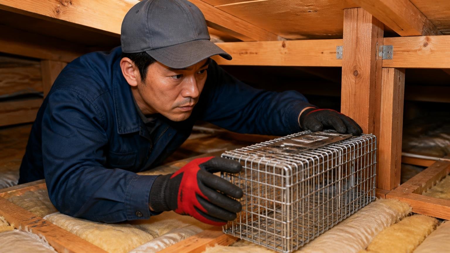 判断軸③有資格者が在籍しているか。木造戸建ての天井裏で作業員1人が捕獲器を設置し真剣な表情