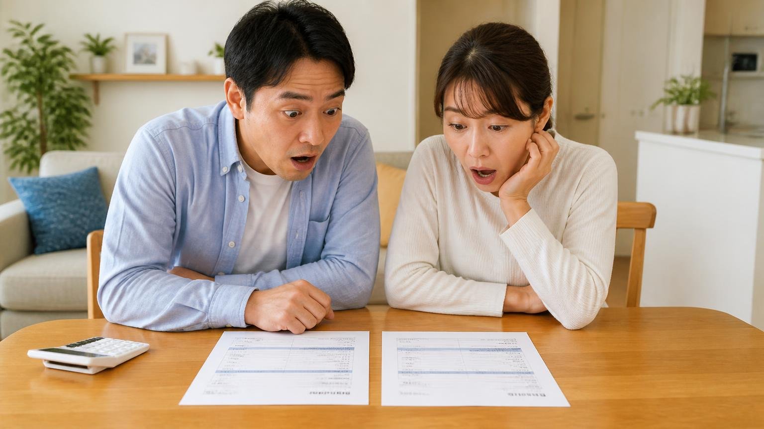 1社では判断できない。テーブルに2枚の見積書を並べ、住人2人が金額を見比べて驚いた顔をする