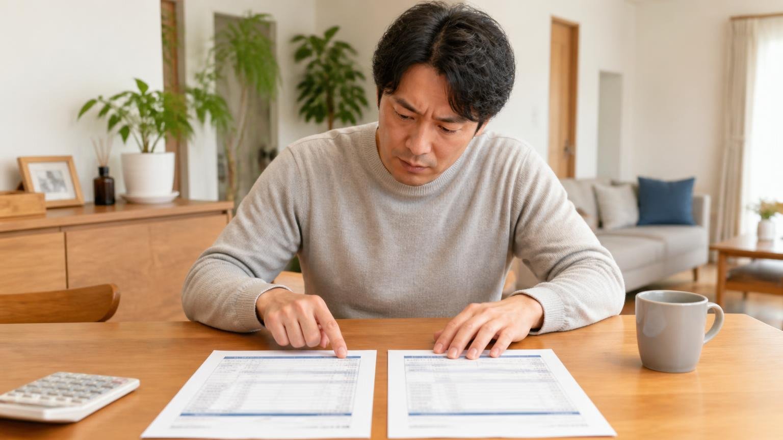 見積書で確認したい5つの項目。住宅のダイニングで男性1人が2枚の見積書を机に並べ、指で項目を追いながら見比べる