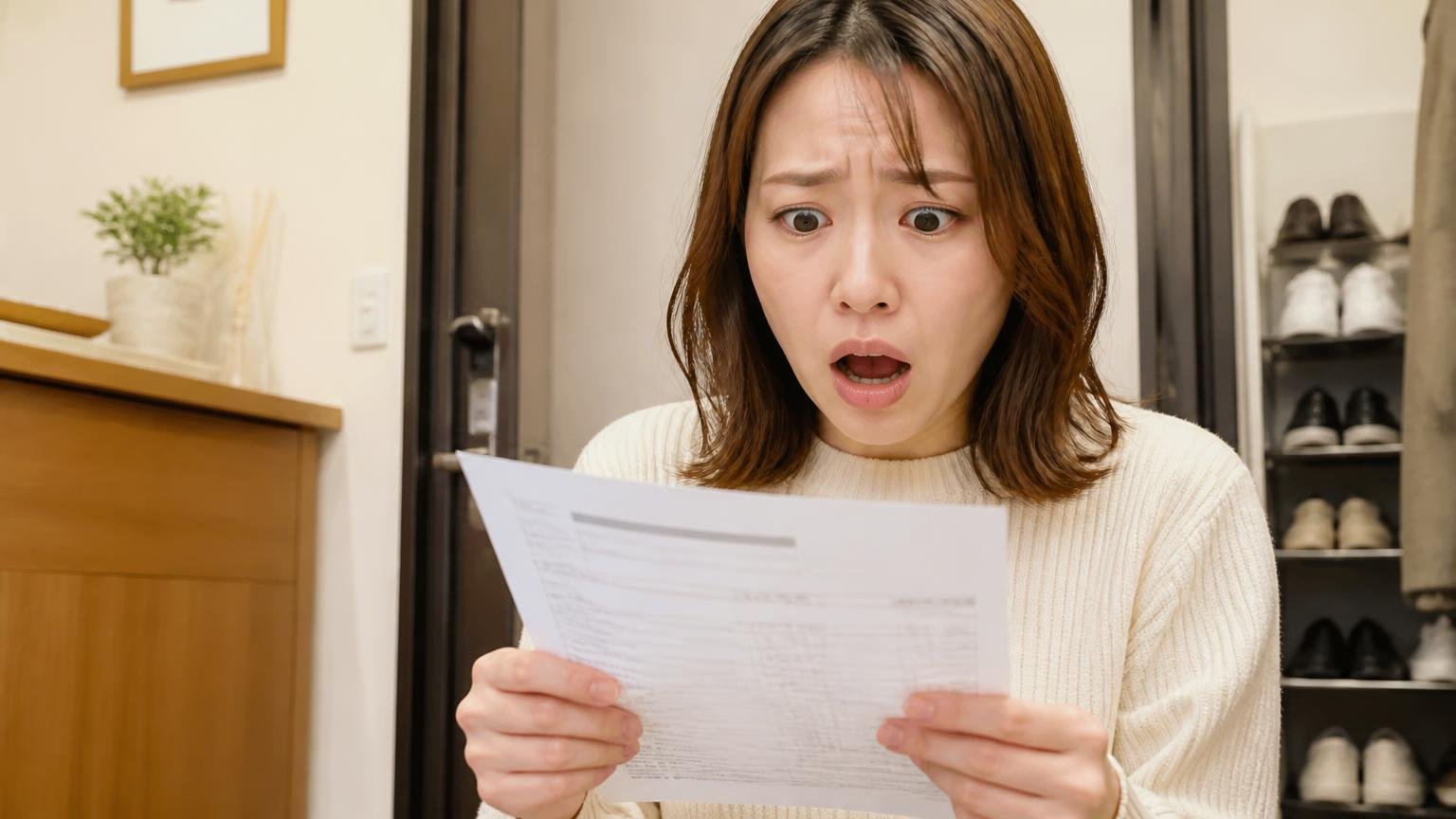 広告の格安表示と実際の請求額の差に驚く場面。自宅玄関で請求書を見て言葉を失う30代女性1人