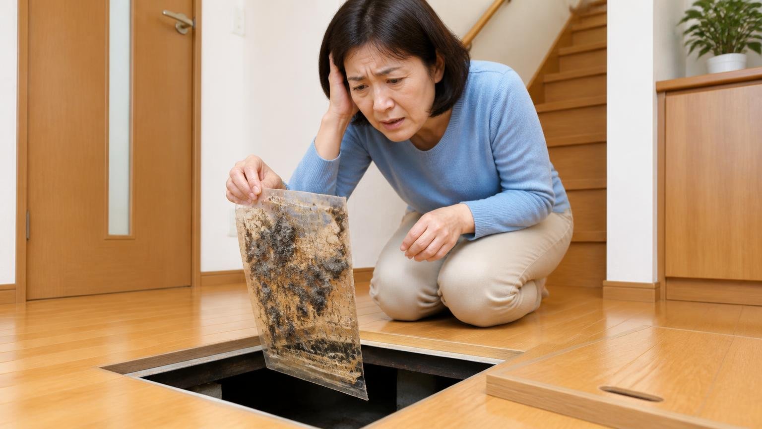 1社だけで決めて後悔する場面。木造戸建ての床下点検口の前でしゃがみ粘着シートを見つめる50代女性1人