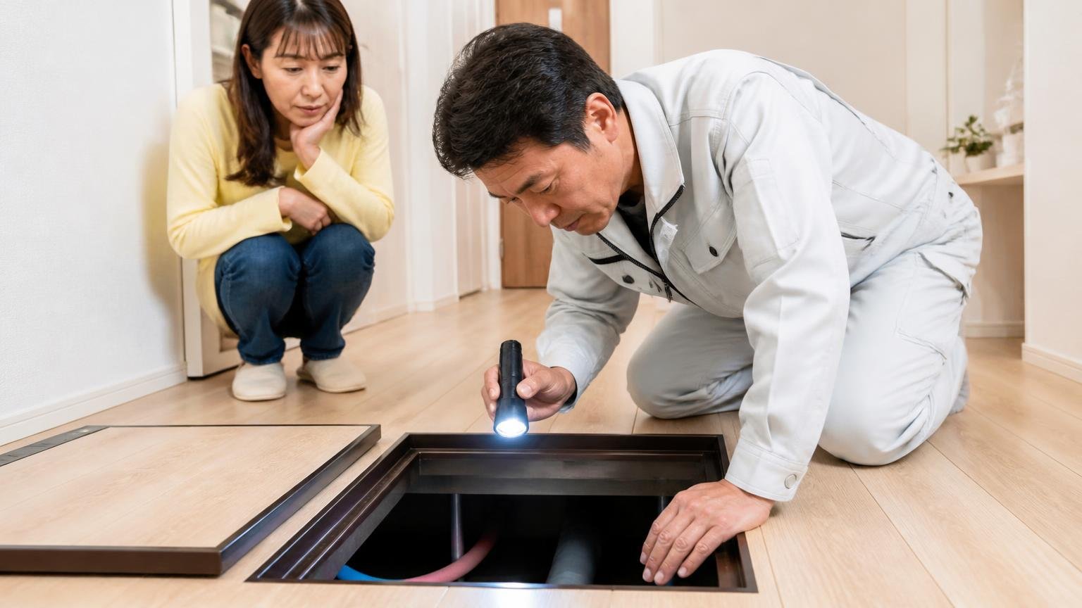 判断軸④調査から見積もりまでの手順。住宅の床下点検口を開けて懐中電灯で照らす作業員1人と住人1人