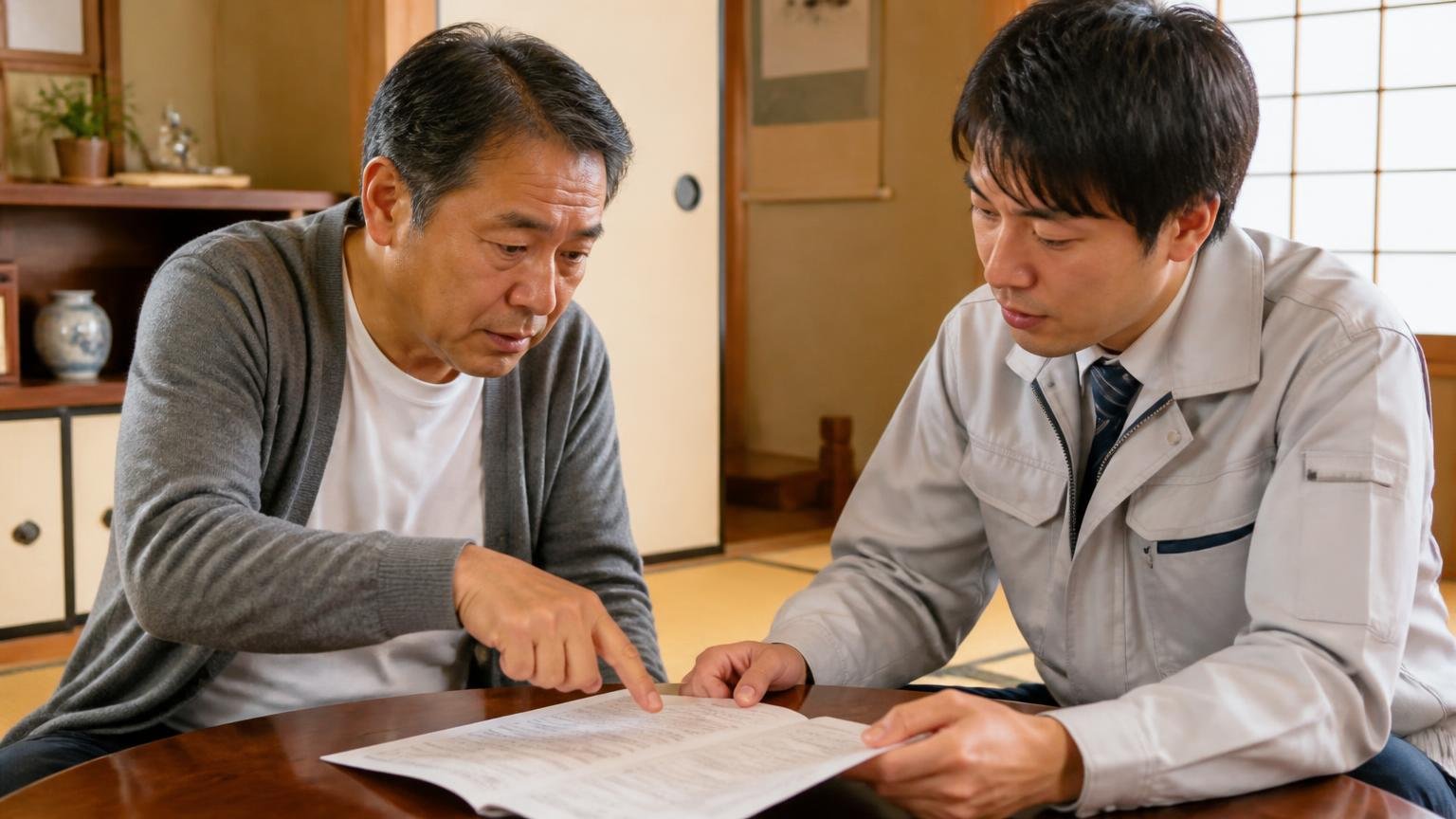 保証書の適用範囲を読み込む場面。和室のちゃぶ台で保証書を指さしながら住人と作業員が確認し合う様子