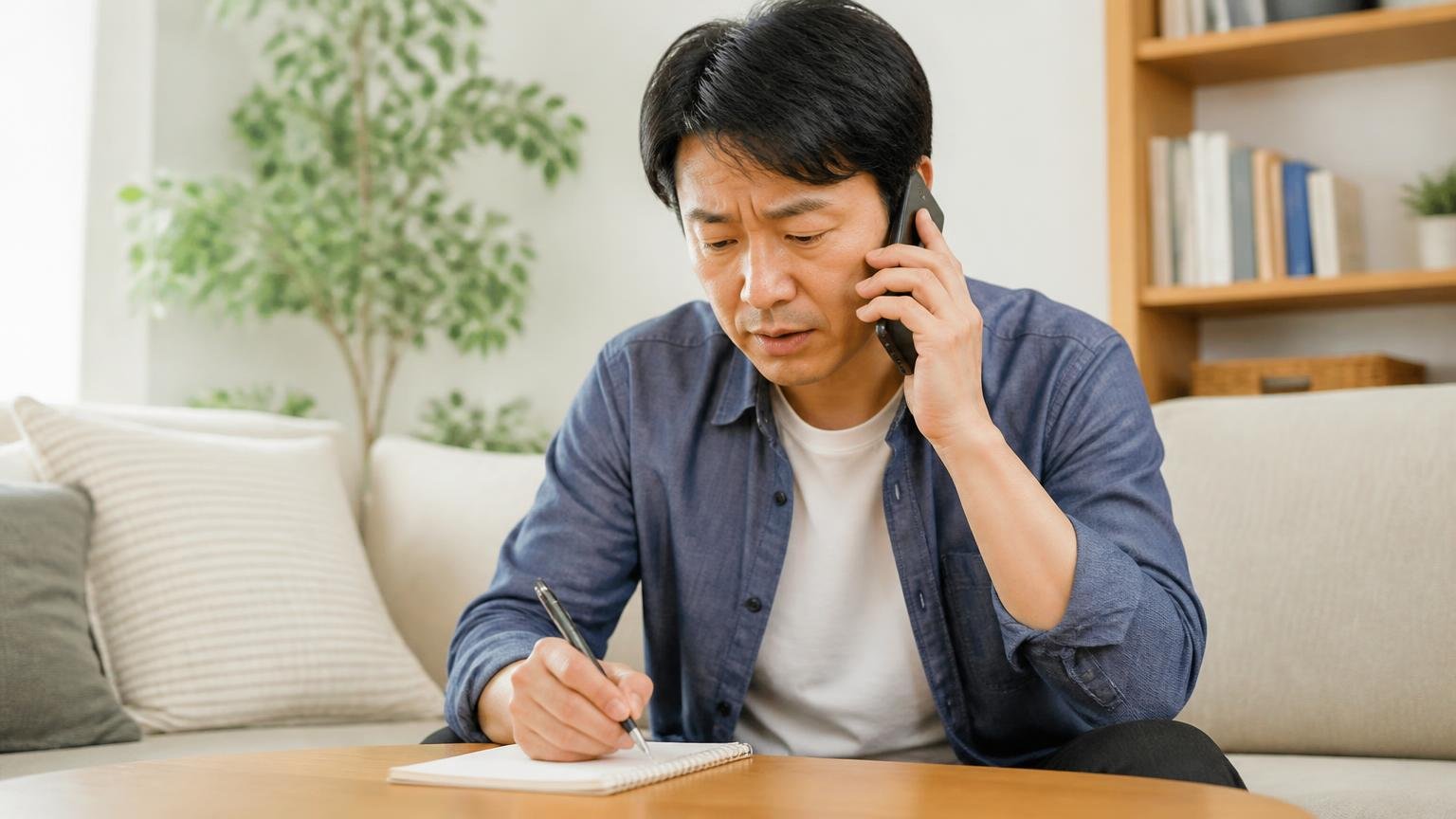 現地調査と見積もりが無料か電話で確認する、リビングで電話をかける住人1人が真剣な表情でメモを取る