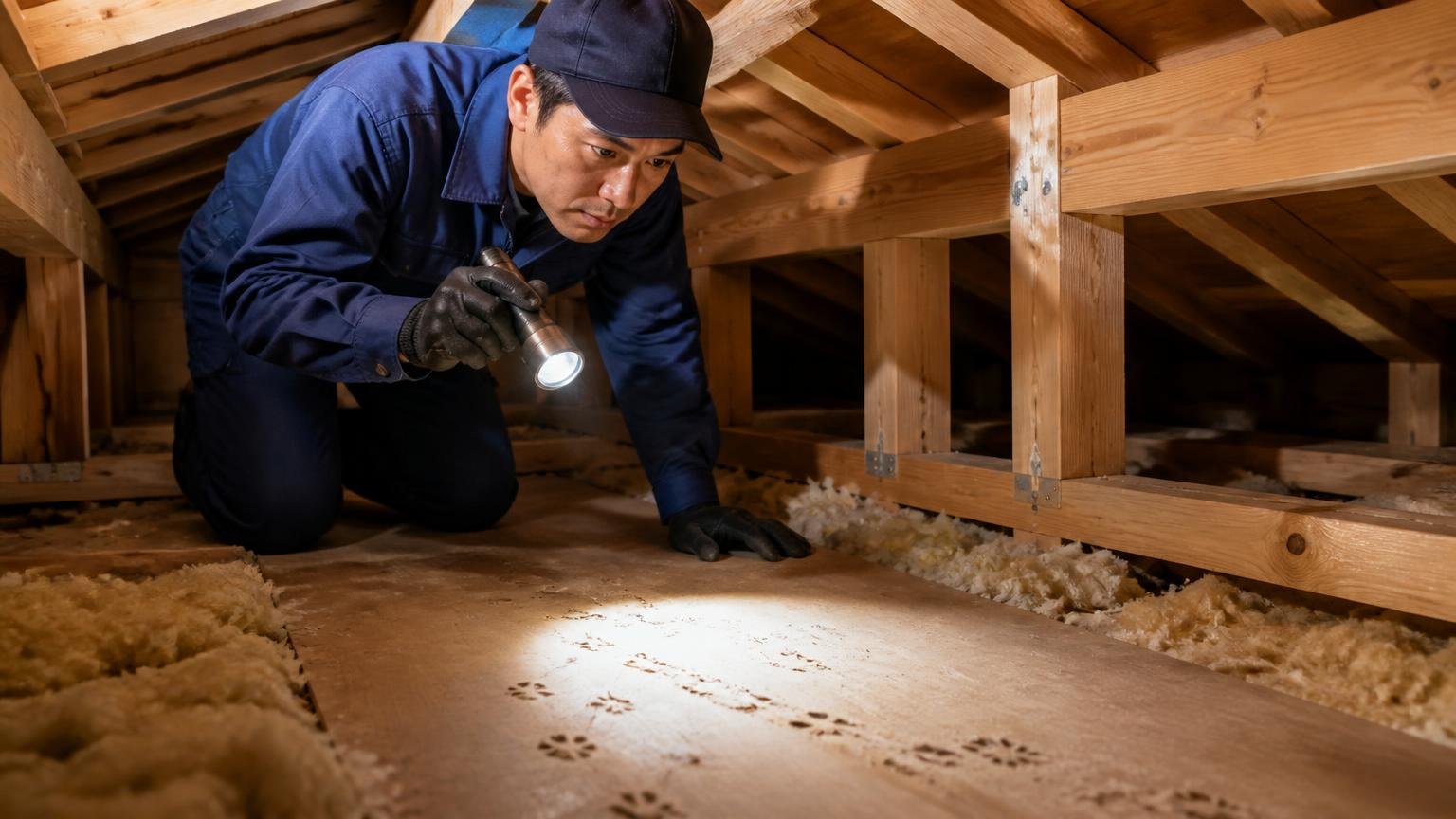 対応している害獣・害虫の種類一覧 木造戸建ての天井裏で作業員1人が懐中電灯で足跡を照らす