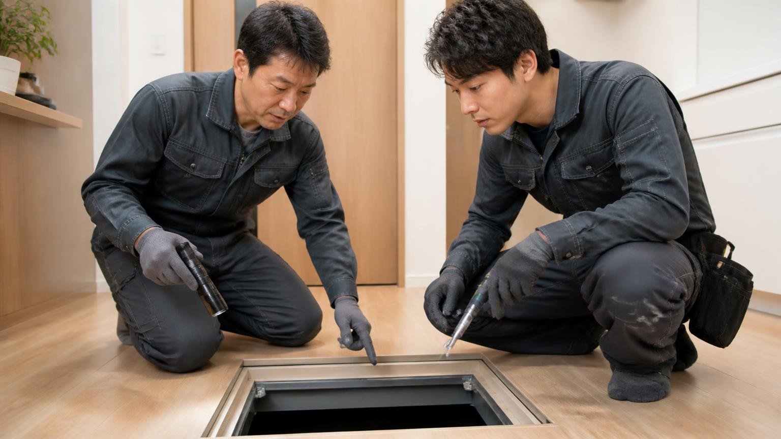 完全自社施工で下請けに出さない/住宅の床下点検口の前でつなぎ姿の作業員/作業員2人/道具を手に段取りを確認する