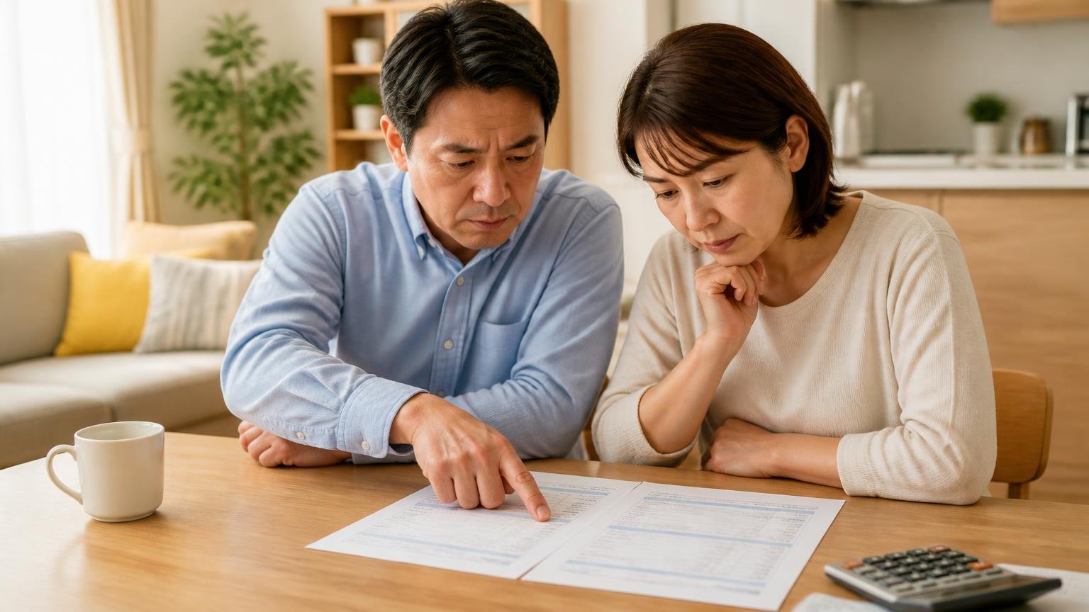 見積書の内訳を確認する場面 リビングのテーブルで見積書を指さす夫婦2人 真剣に読み込む表情