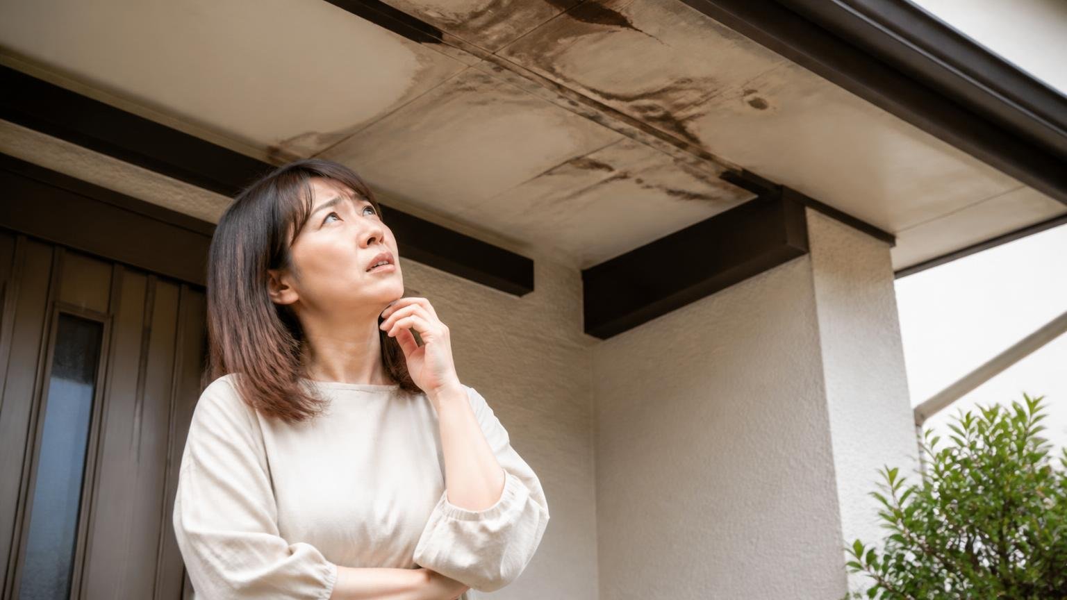 口コミから見える保証のリアル|入っていた人と入っていなかった人 家の軒下を見上げる玄関前で不安そうに立つ女性1人 見上げる表情