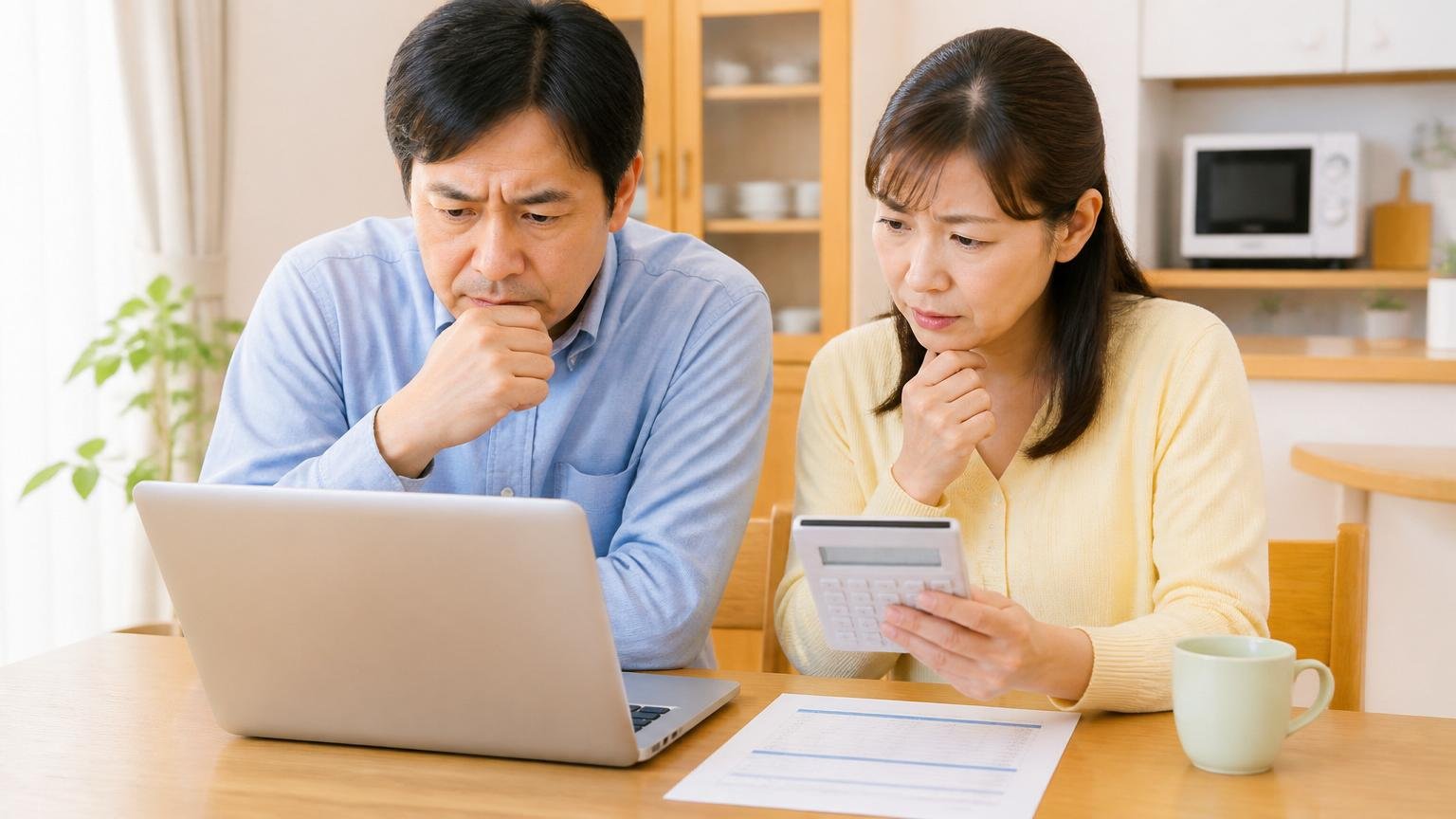 公式サイトが公開する出張根絶施工の料金|自宅の食卓で料金表を電卓片手に見比べる夫婦2人