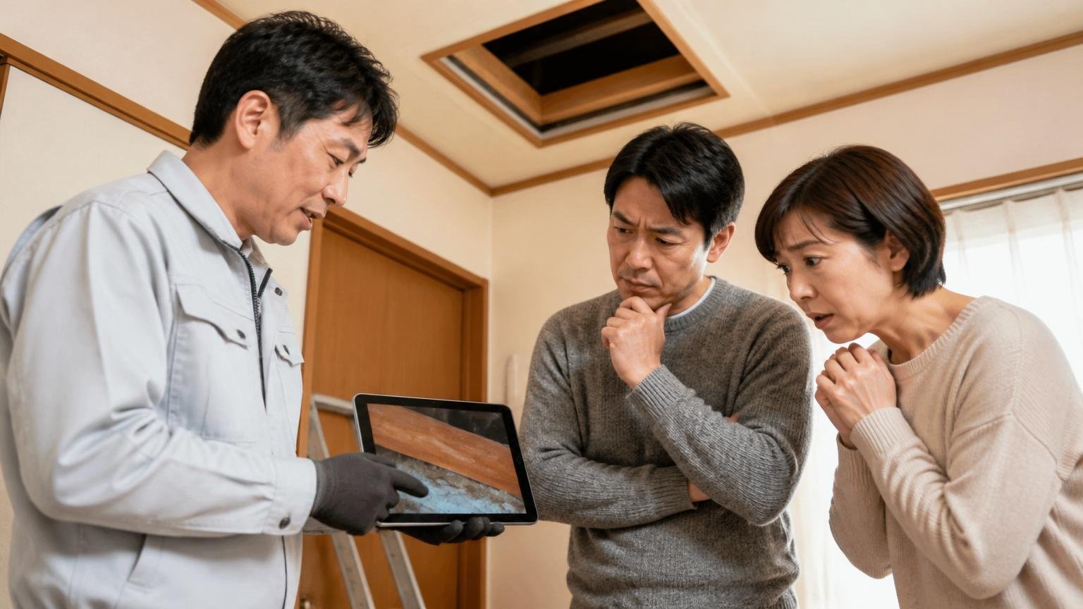 現地調査の説明を受ける場面。木造戸建ての天井裏点検口の下でタブレットの写真を見せる作業員1人と住人2人
