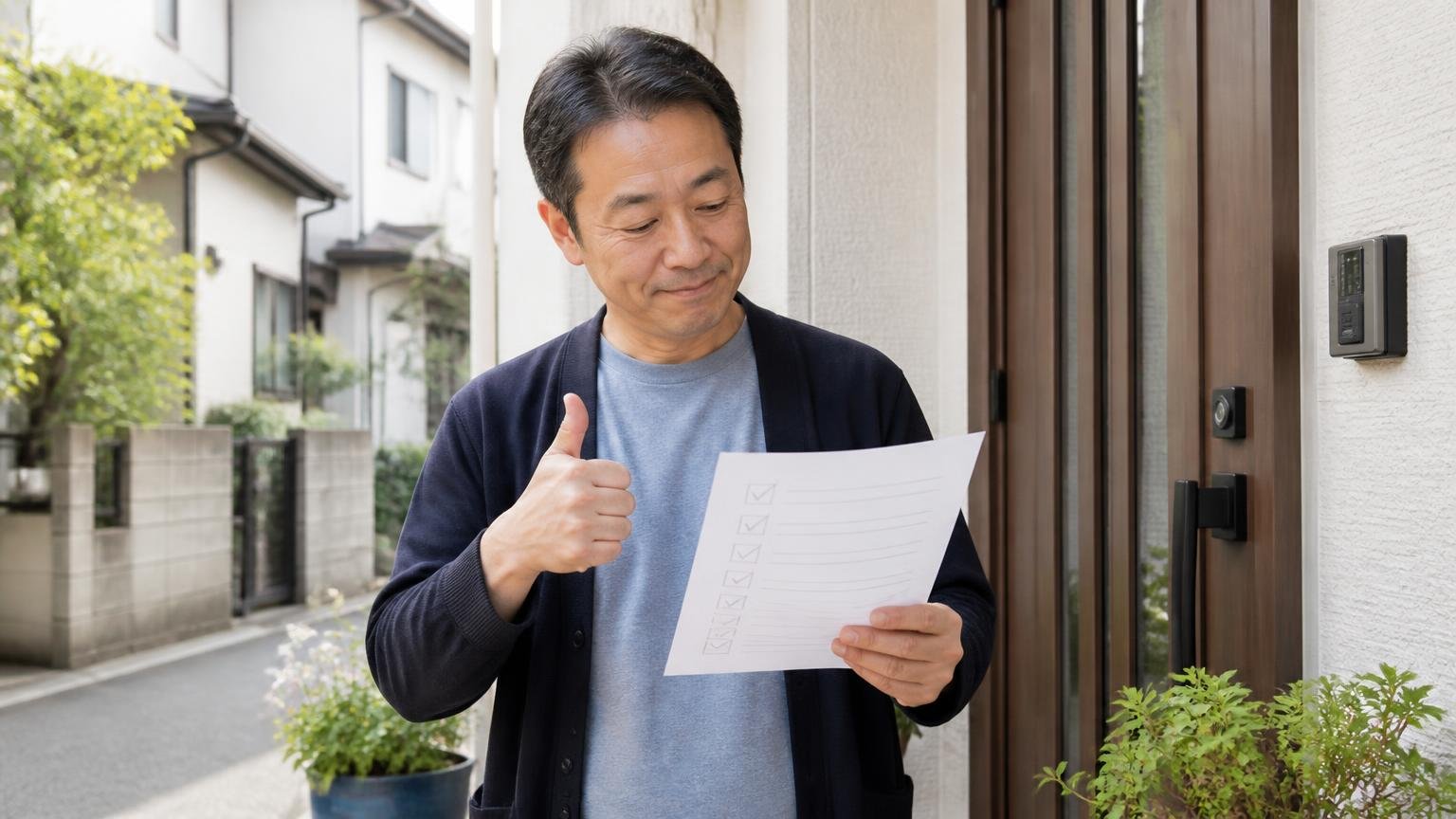 向いている条件を確認する場面。神奈川の住宅街の玄関前でチェックリストを手にした住人がうなずく様子