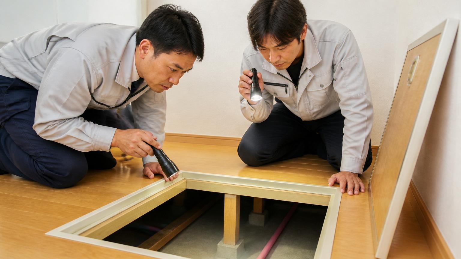 相見積もりは金額比べではなく調査力比べ 住宅の床下点検口前で作業員2人が懐中電灯を持ち真剣に調査する
