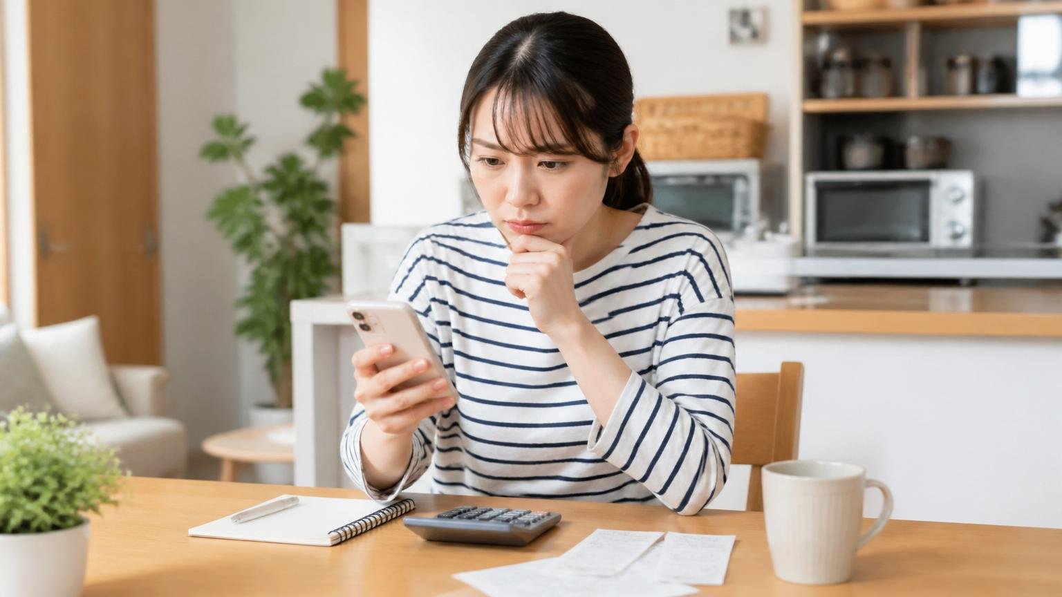 料金の目安を調べる 自宅のダイニング 女性1人 スマホと電卓で計算する