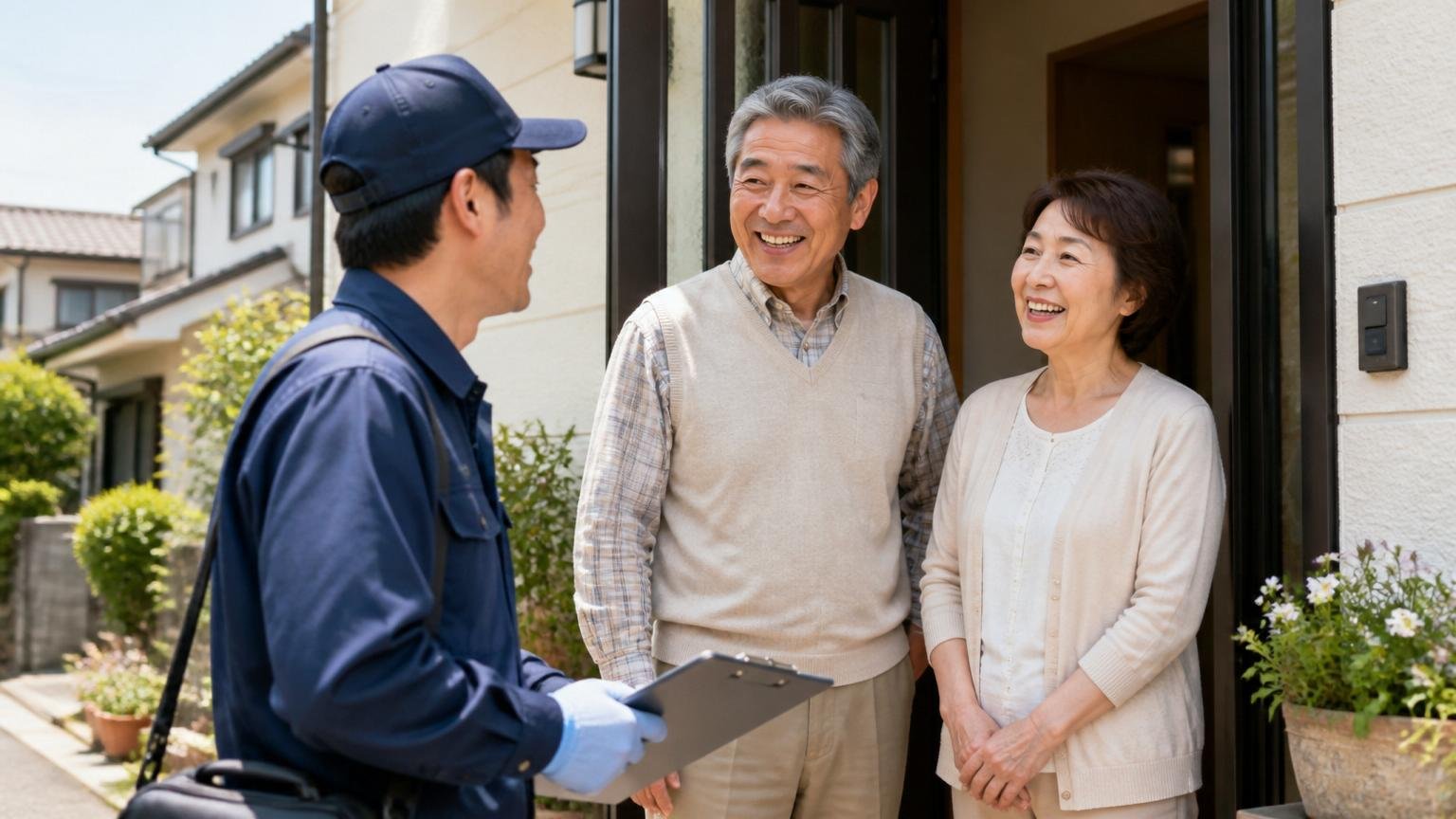 日東防疫が向いている人の条件 大分の住宅街の玄関先で作業員と笑顔で話す60代夫婦2人