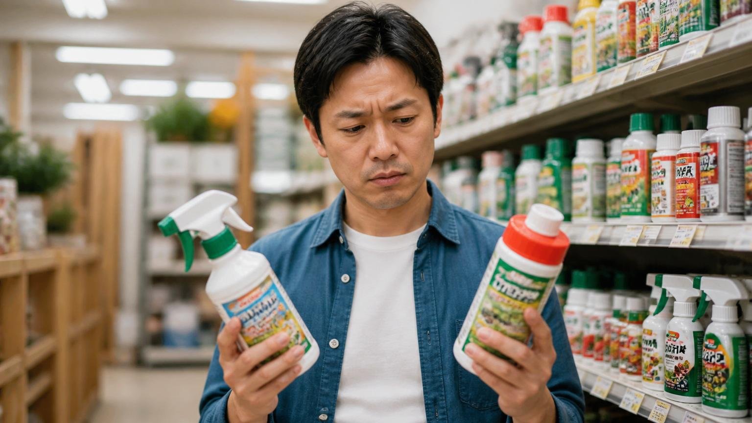 市販の忌避剤を手に取り悩む場面。ホームセンター風の売り場で商品を見比べる男性1人が困惑した表情