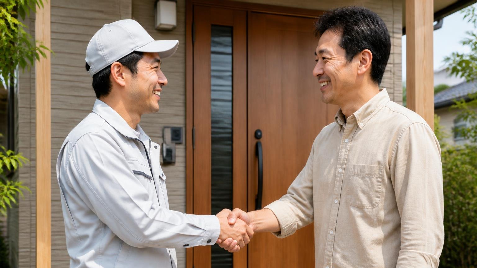向いている人は説明の丁寧さで選びたい人。木造戸建ての玄関前で作業員1人と住人1人が笑顔で握手する場面