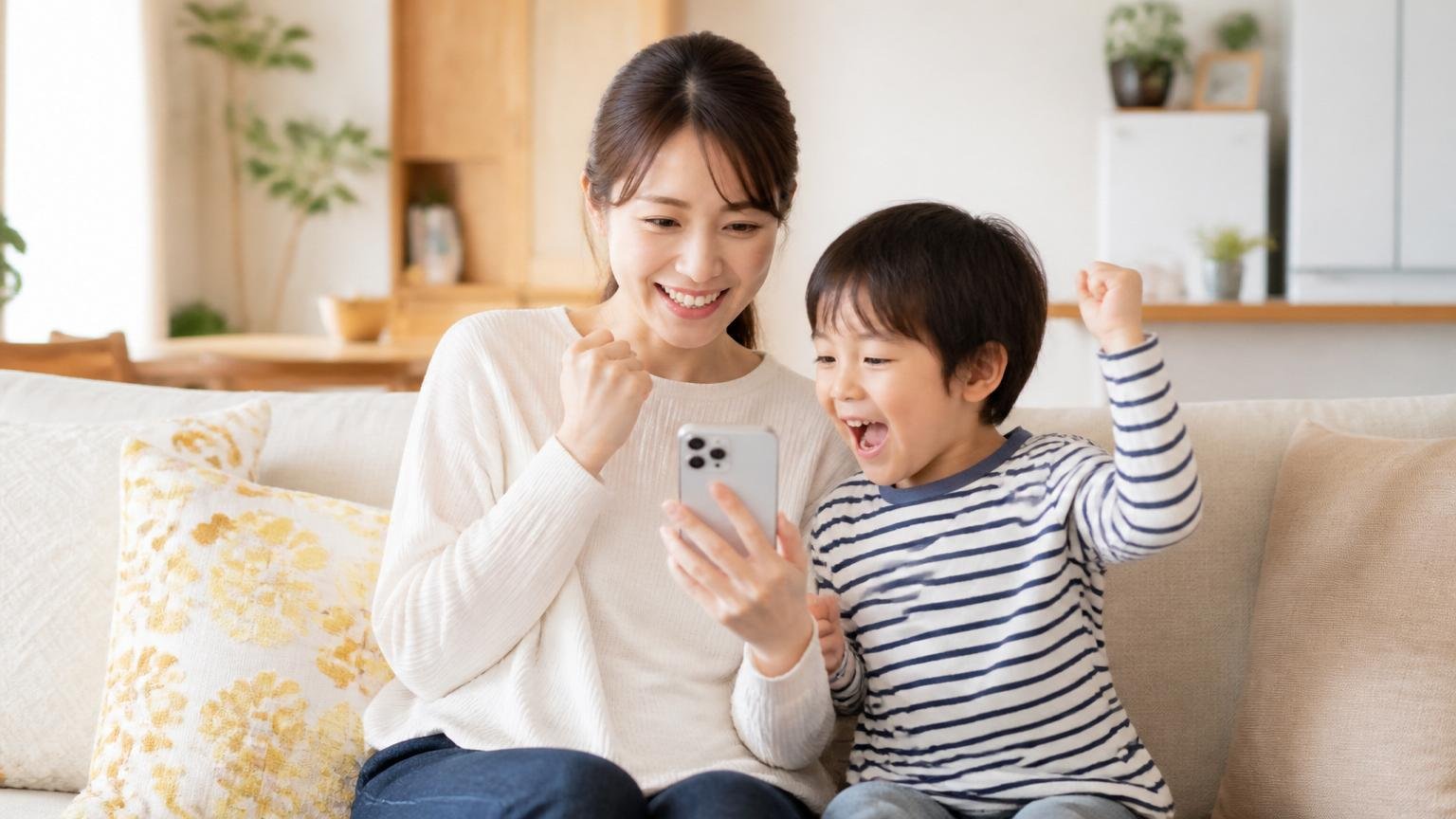 依頼を決める場面。関東の木造戸建てのリビングで安心した表情でスマホを手にする30代女性と子ども1人