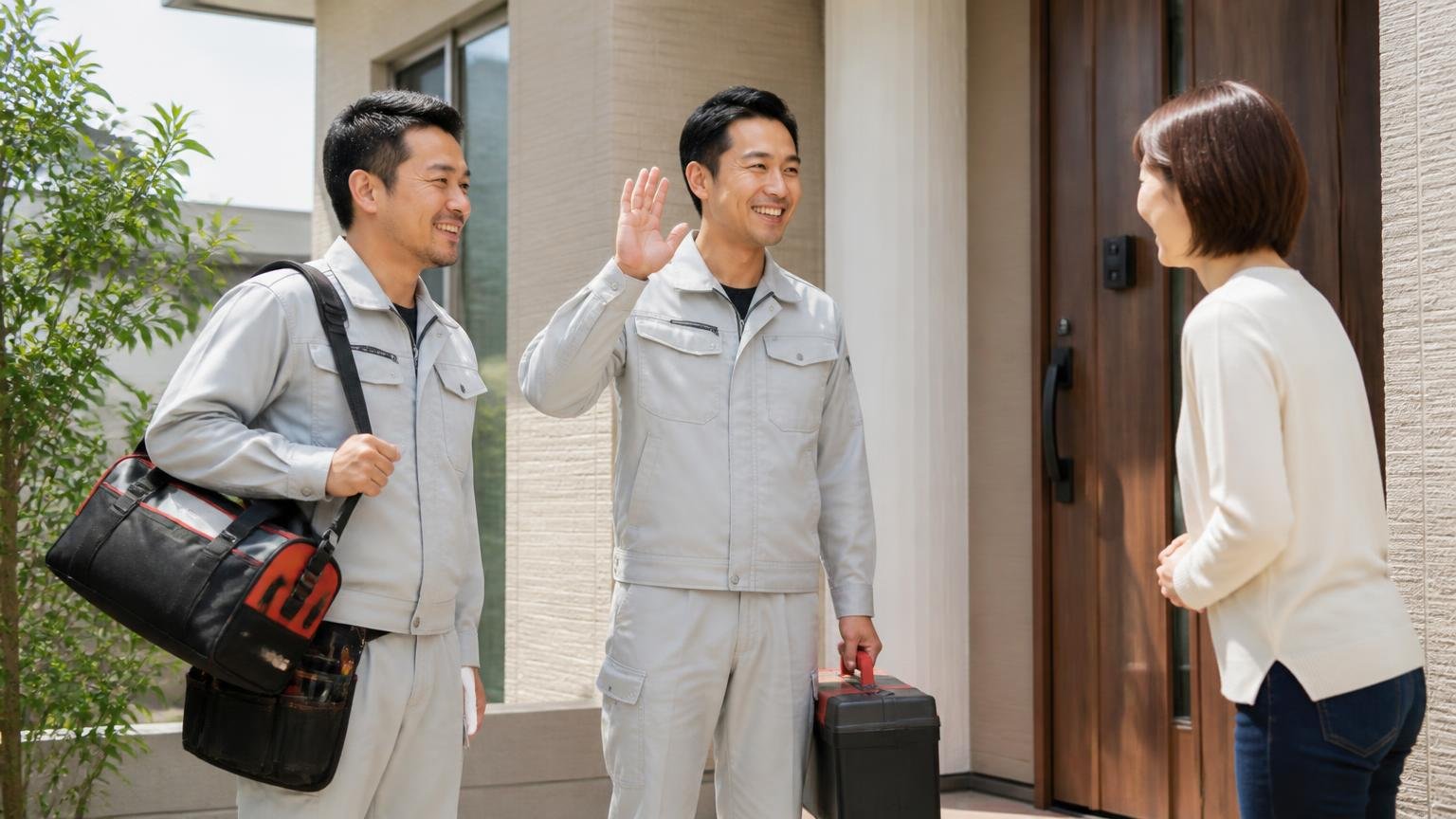 問い合わせから施工・アフターまでの7ステップ。住宅の玄関で作業員2人が道具を持ち住人1人に挨拶する