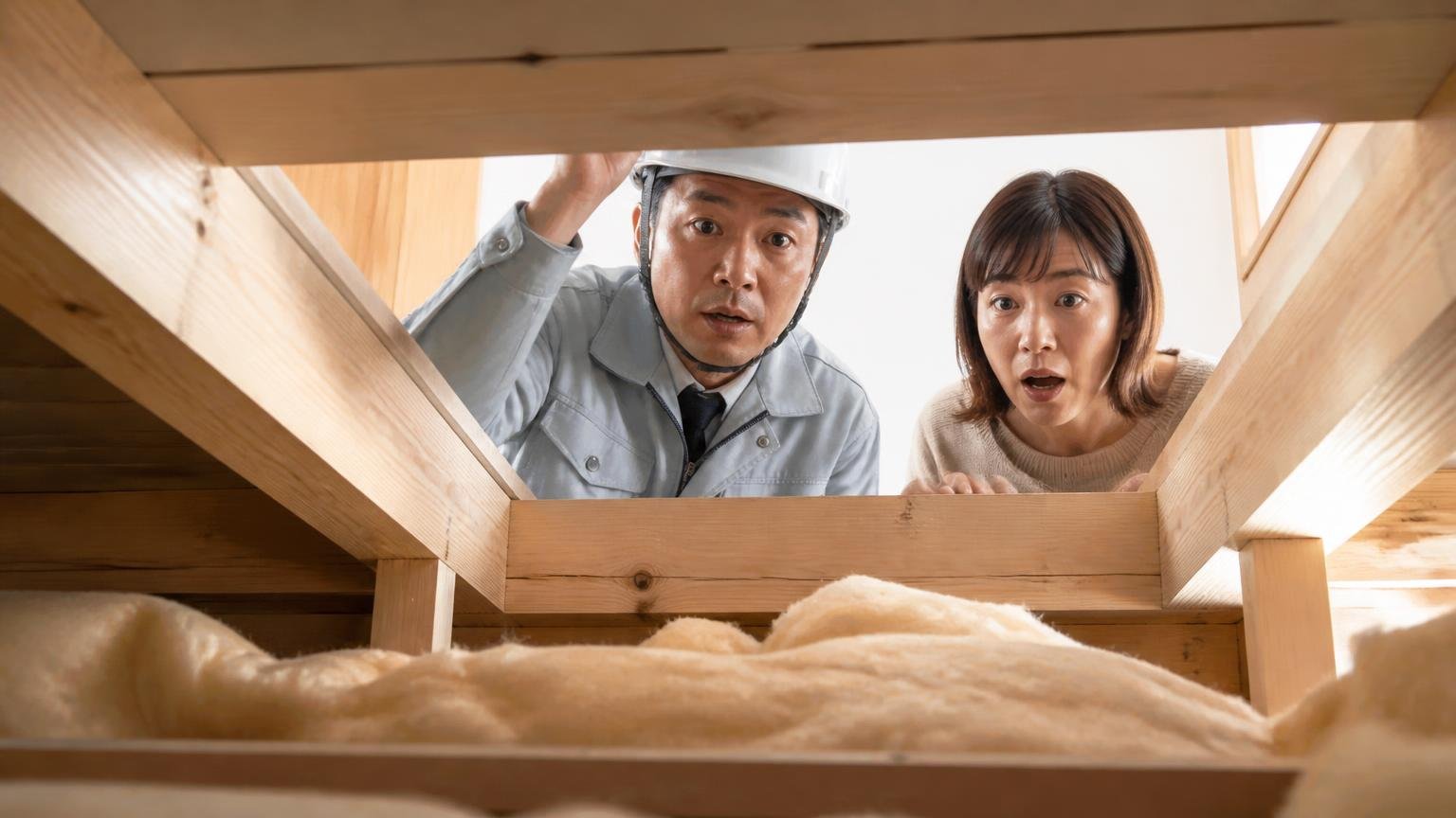向いている人の5つの条件。木造戸建ての天井裏を作業員と住人が一緒にのぞき込む