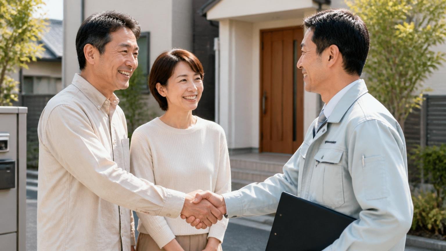 向いている人の4条件。東京の住宅街の玄関前で40代夫婦が地元の作業員と握手し安心した表情