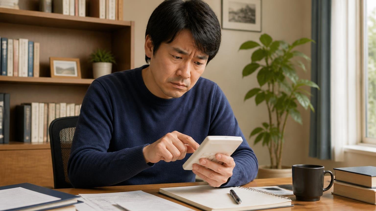 シロアリ駆除の相場は1平米1500円から|書斎の机|男性1人|電卓を叩き眉をひそめる