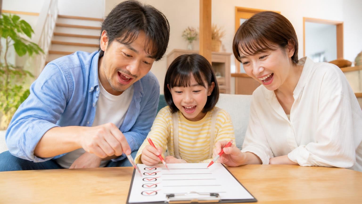 向いている人の5つの条件 木造戸建てのリビングで家族3人が笑顔でチェックリストに丸をつけていく