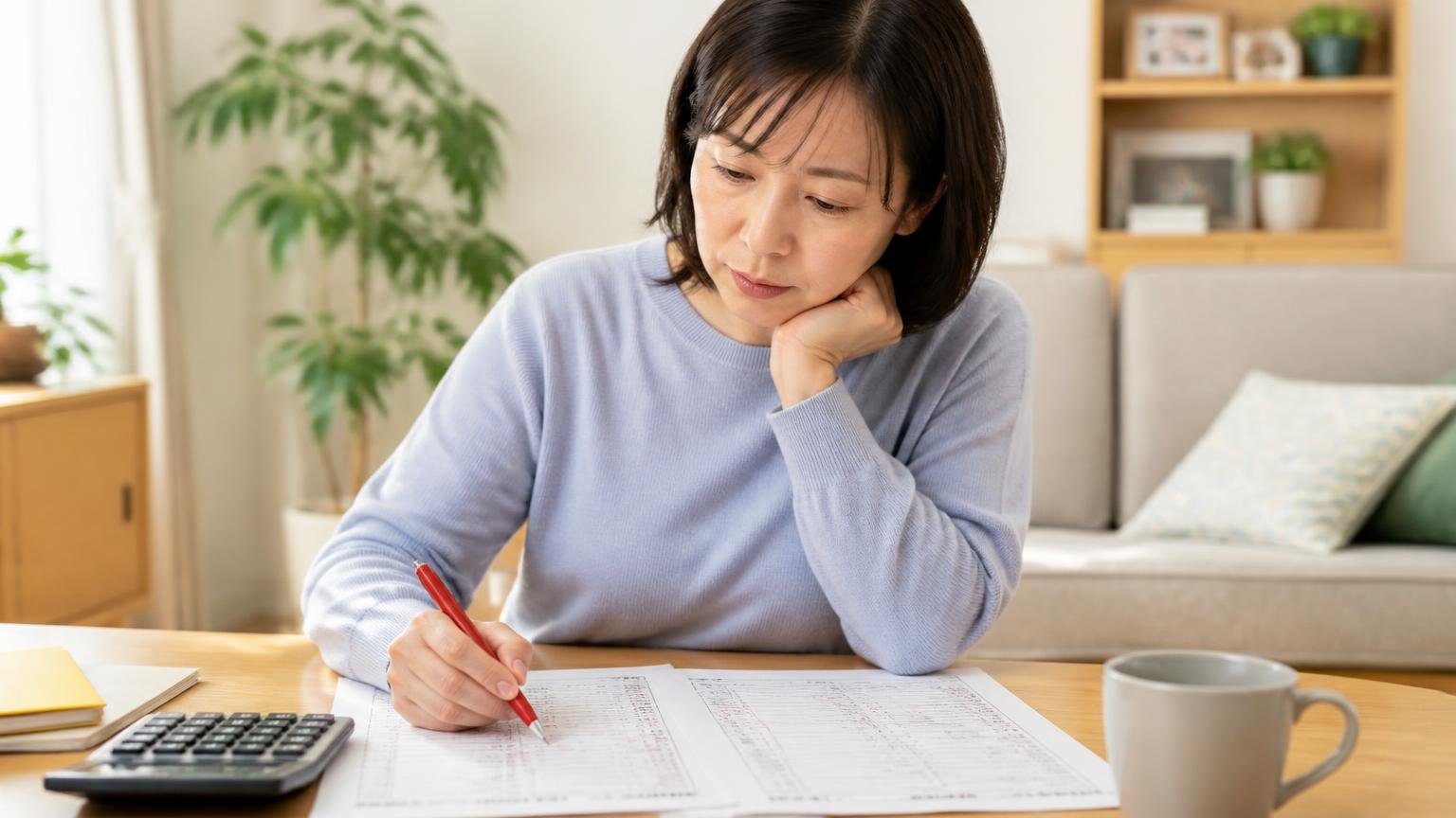 見積書のチェックリスト。リビングのテーブルで見積書にペンで印をつける40代女性、慎重な表情