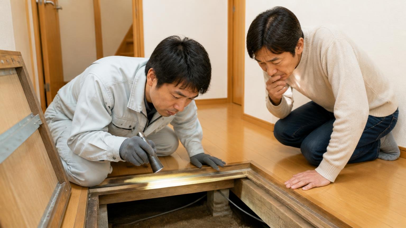 栃木や群馬で駆除後の補修まで相談したい人に向く理由、木造戸建ての床下点検口をのぞき込む作業員1人と住人1人