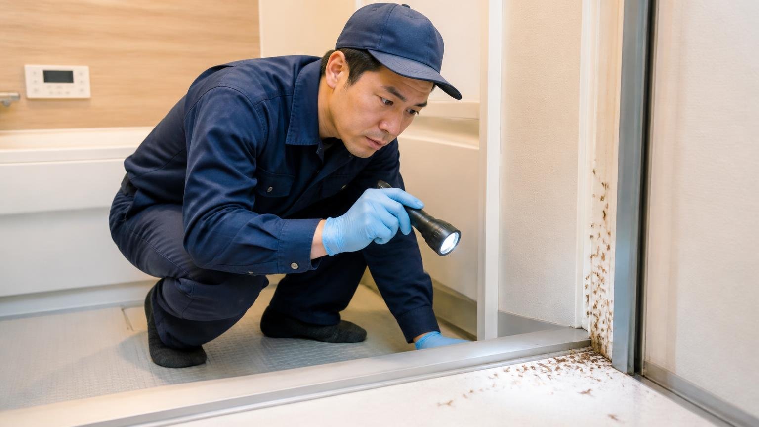 向いている人は関東の戸建てでシロアリを相談したい人 木造戸建ての浴室まわりで作業員1人が羽アリの痕跡を調べる