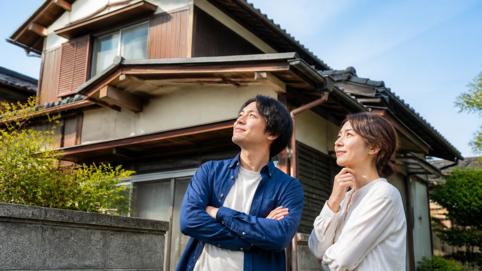向いている人の3条件/築年数の経った木造戸建ての前/30代夫婦2人/家を見上げてうなずく