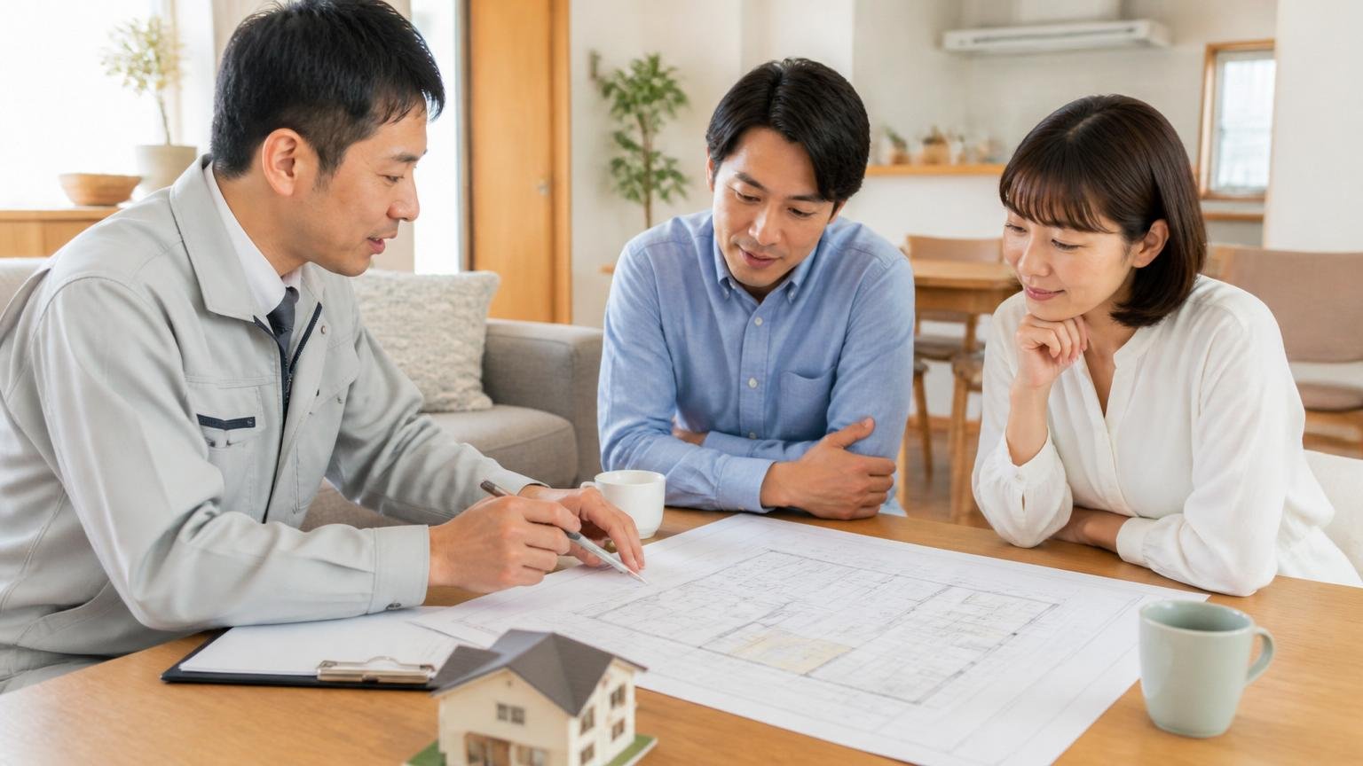 じっくり相談して依頼を決める場面 木造戸建てのリビングで図面を見ながら話す作業員1人と夫婦2人 穏やかな表情