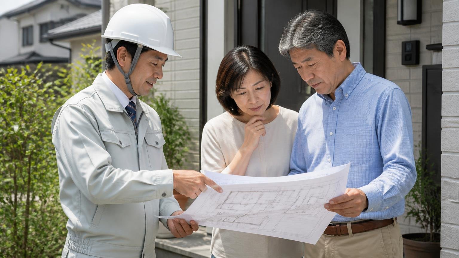 関西在住でシロアリ対策を任せたい人に向く。玄関前で作業員に家の図面を見せる50代夫婦