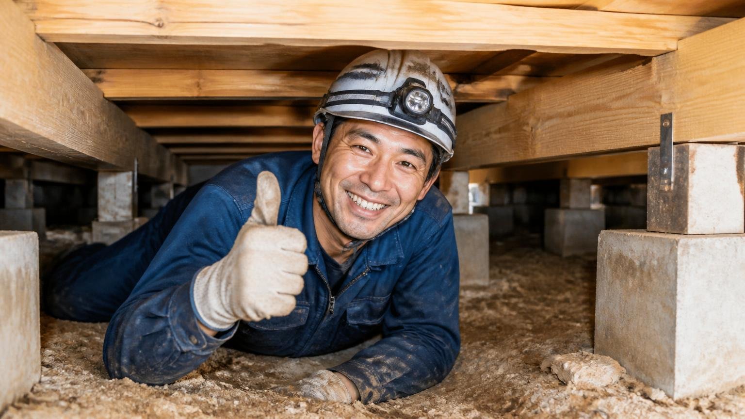 向いている人は床下シロアリ床の補強を地元業者に任せたい人 住宅の床下で作業員1人が笑顔で親指を立てる