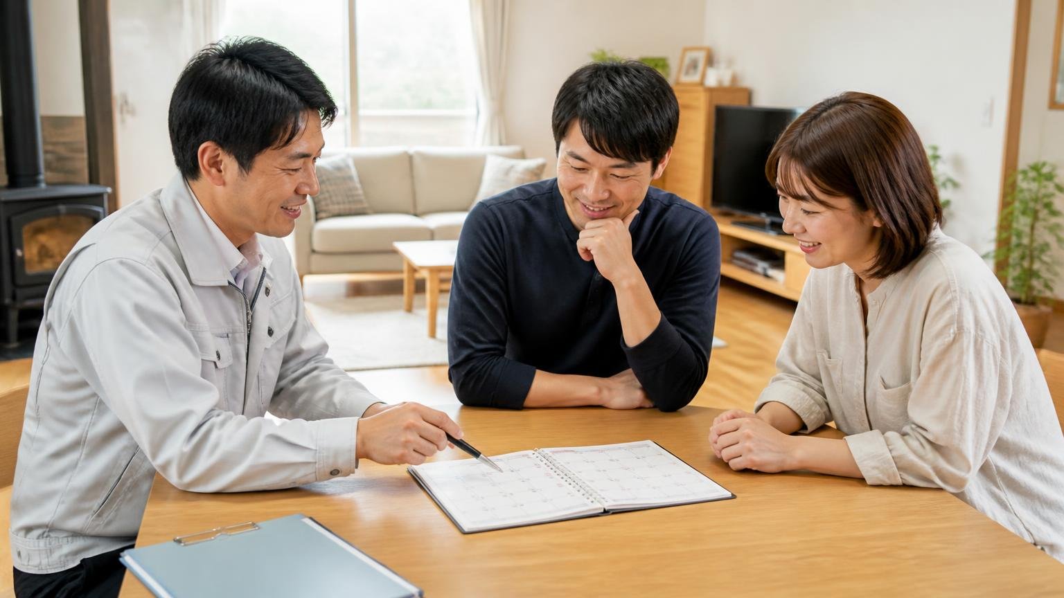 向いている人の条件。広島県内の木造戸建てのリビングで作業員と住人の男女3人が日程を相談