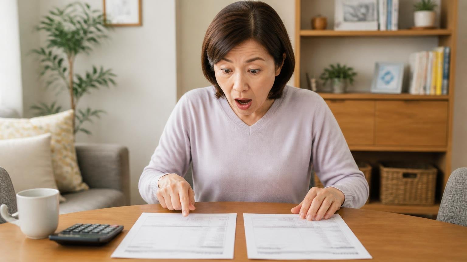 相談件数は6年で2.7倍|自宅のテーブルで見積書2枚を並べて見比べ驚く表情の50代女性