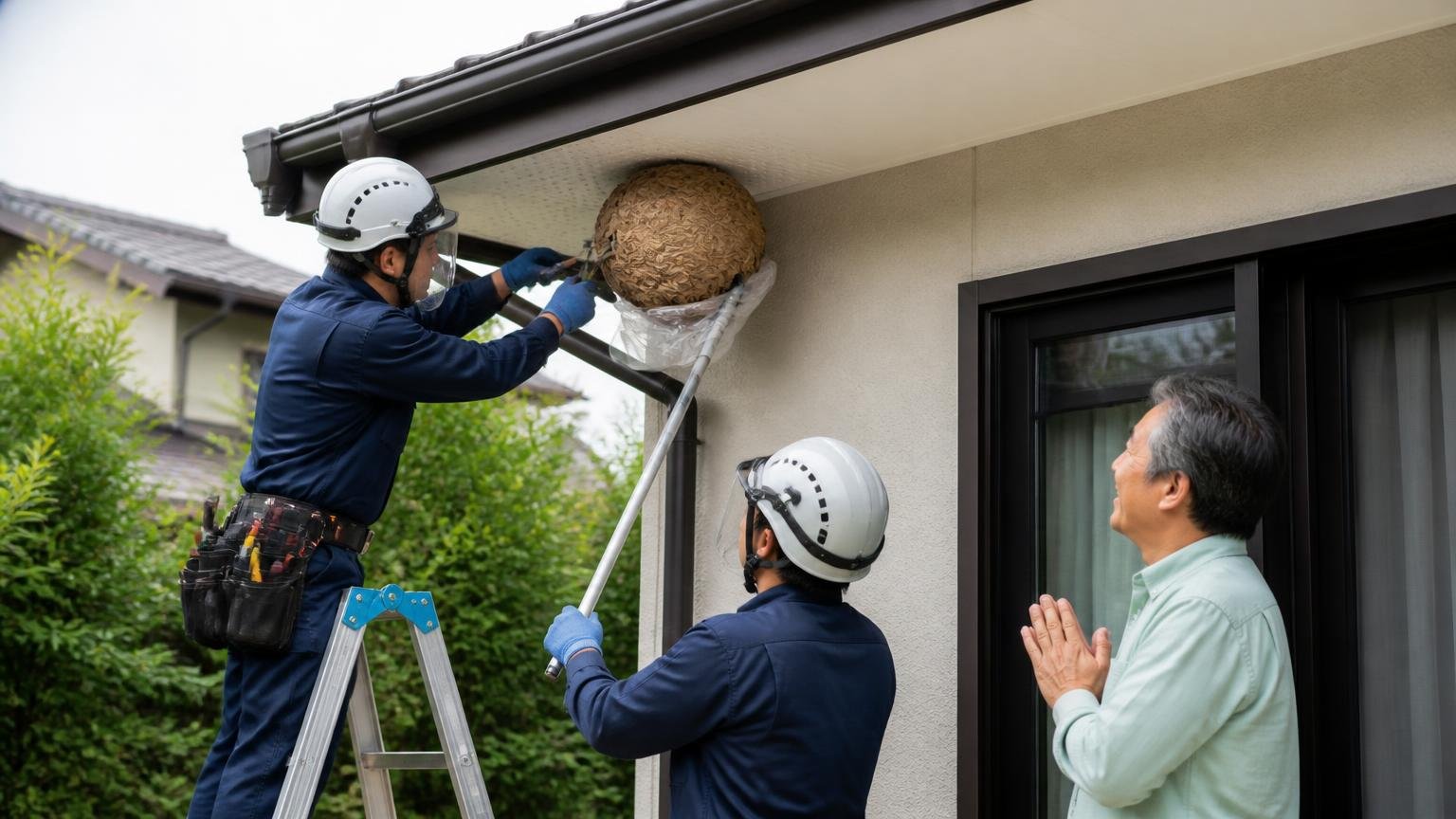 向いている人の4タイプ。住宅の軒下で作業員2人が迅速に蜂の巣の対応をして住人が安堵する