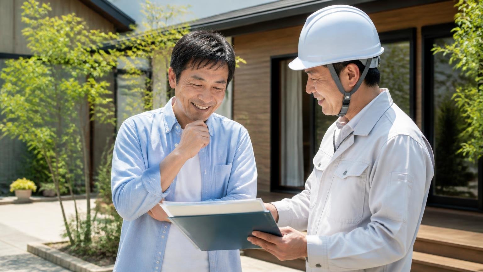 向いている人の条件。木造戸建ての庭先で、住人1人と作業員1人が笑顔で施工内容を確認し合う