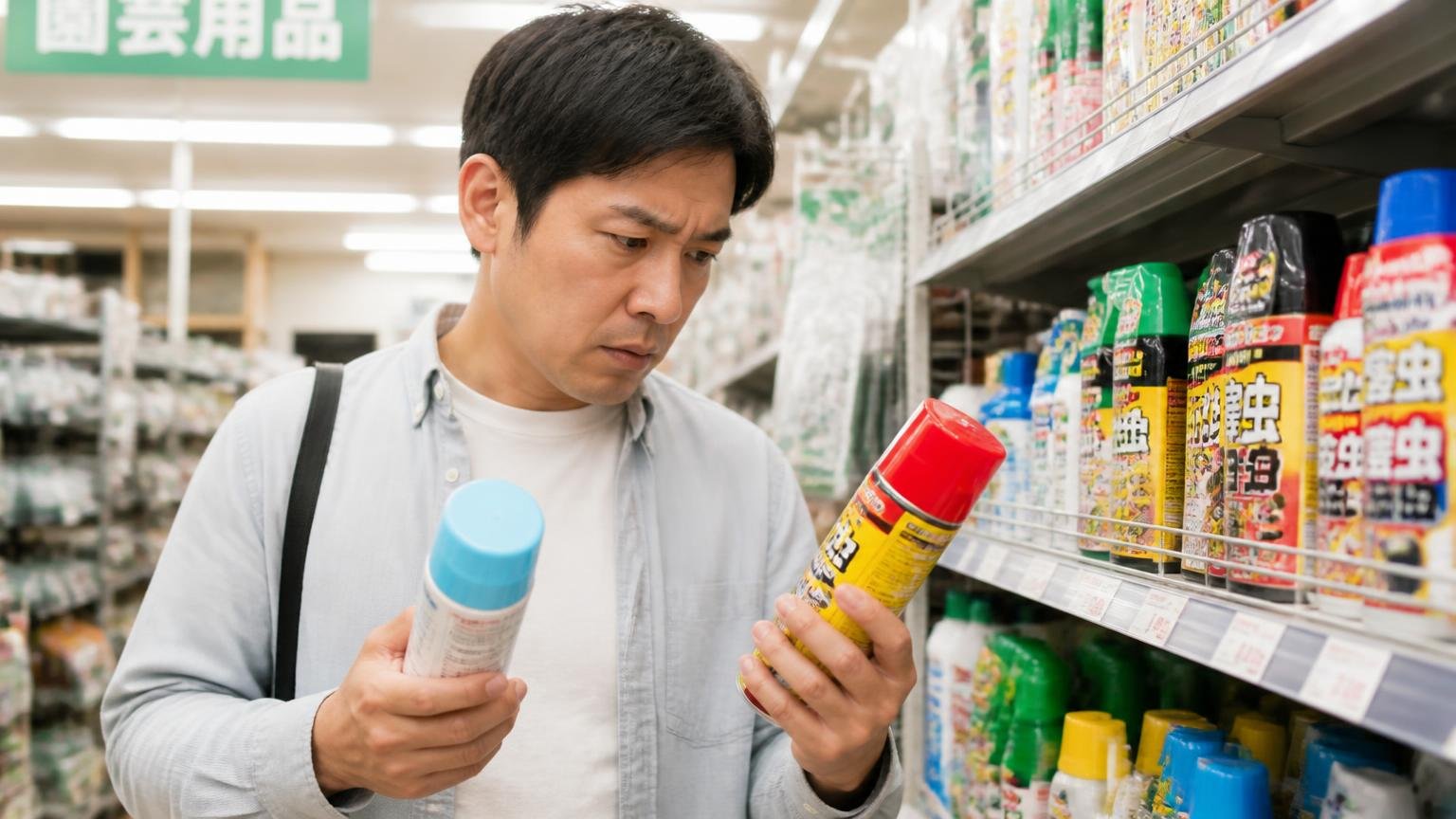 市販グッズの使いどころ。ホームセンターの売り場で忌避剤を手に取り迷う住人1人が真剣な表情