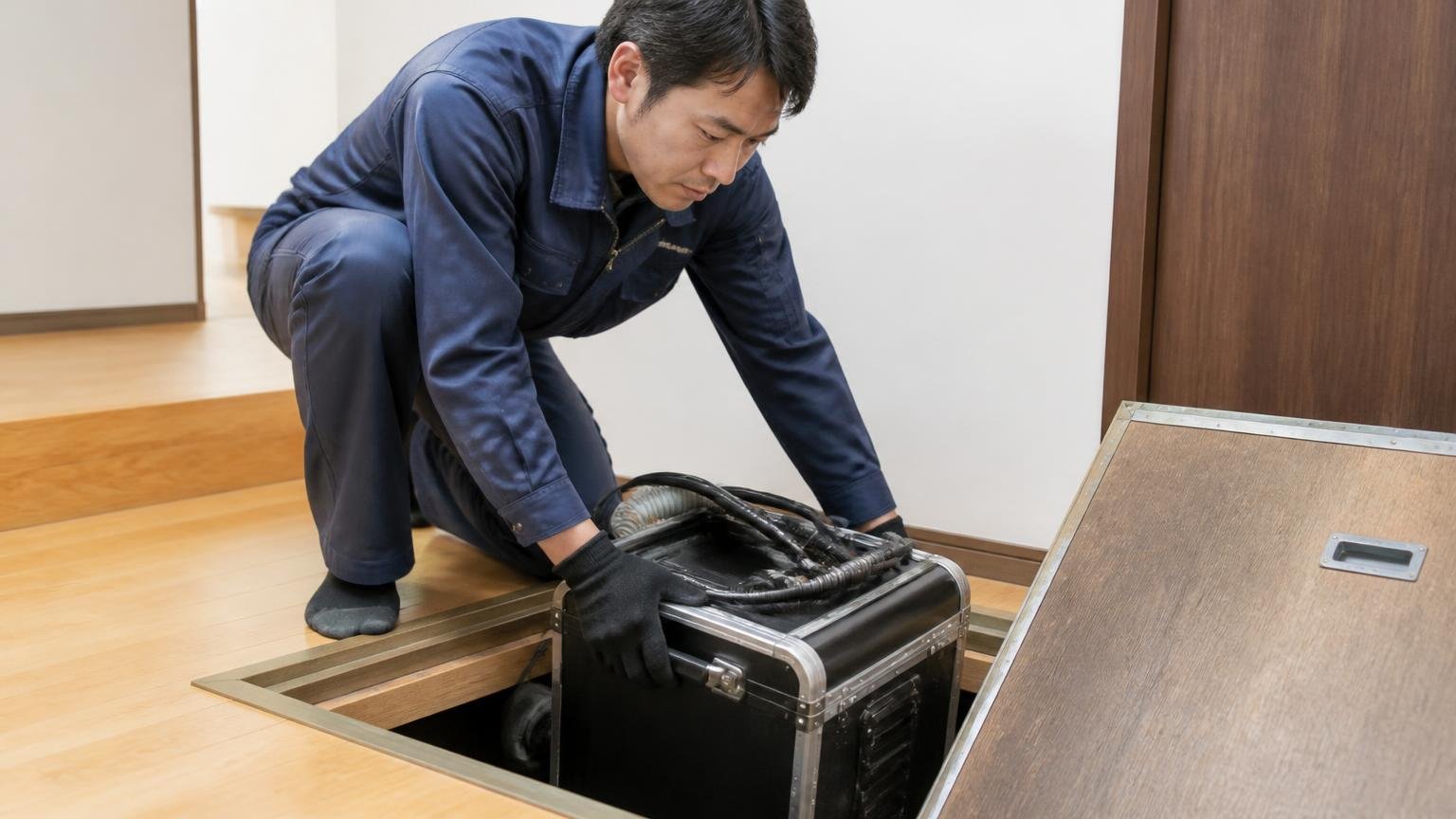 シロアリ側の保証は5年再施工と最大1000万円の修復保証 住宅の床下点検口から機材を運び込む場面 作業員1人 集中した表情