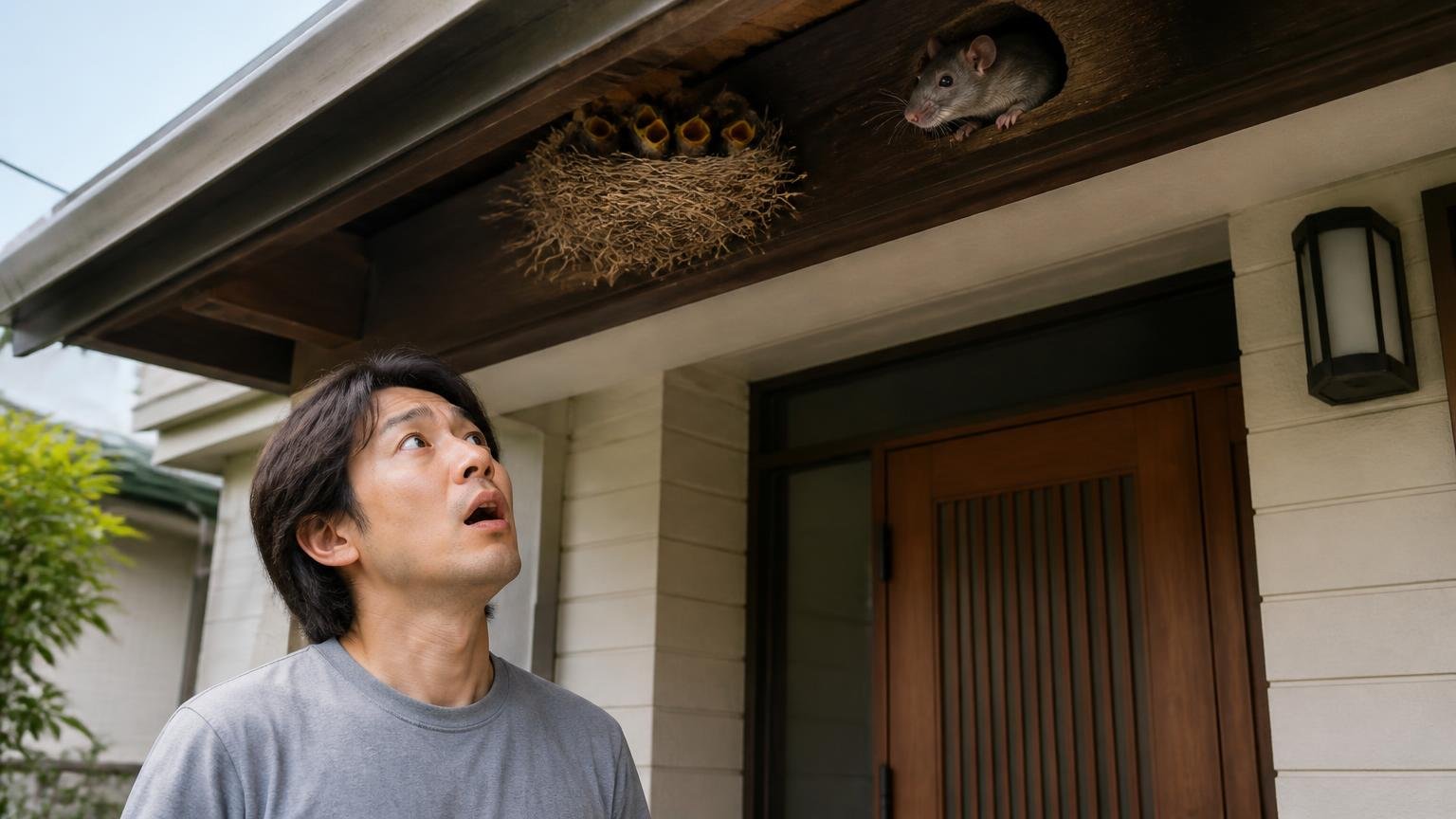 ネズミとそれ以外で扱いが違う。木造戸建ての玄関前で屋根の軒下を見上げた男性1人が、驚いた表情で立ち尽くす