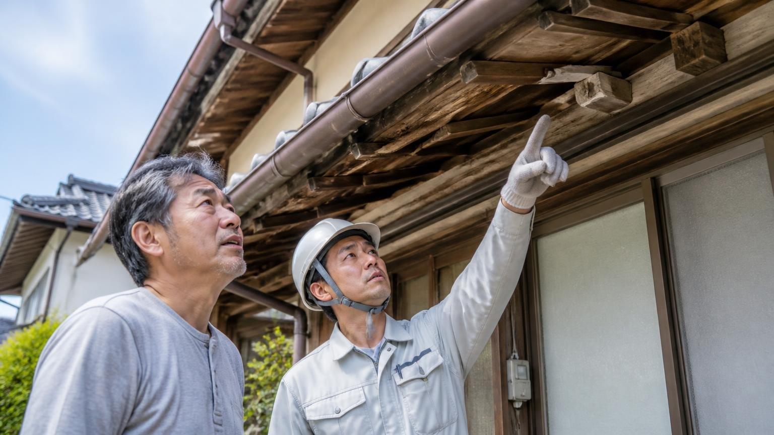 築年数のたった木造戸建ての軒下を見上げる。家の外で屋根の軒下を見上げる50代男性と作業員