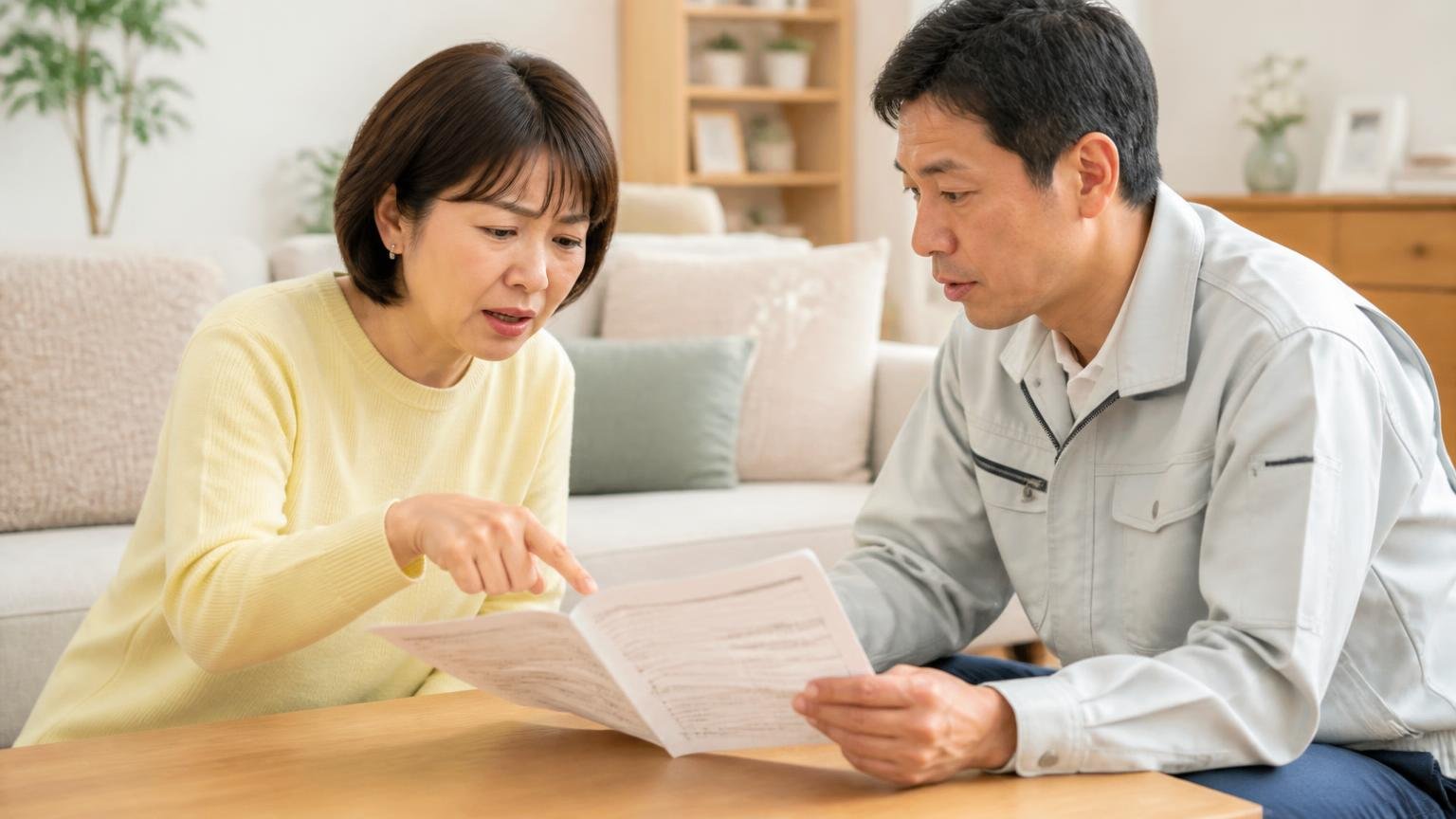 保証書の中身を確認する場面。リビングで保証書を指さして質問する40代女性1人と作業員1人