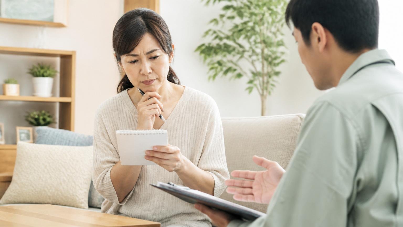 無料見積もりのときに必ず聞くべき5つの質問 リビングで作業員に質問するメモを手にした主婦1人 真剣な表情