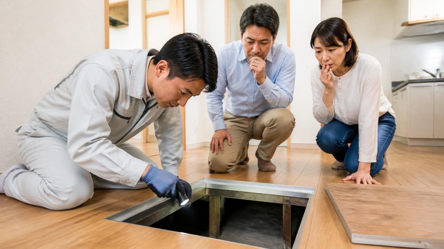 一般住宅の駆除料金は現地を見ないと出せない|住宅の床下点検口を調査する作業員と見守る住人2人