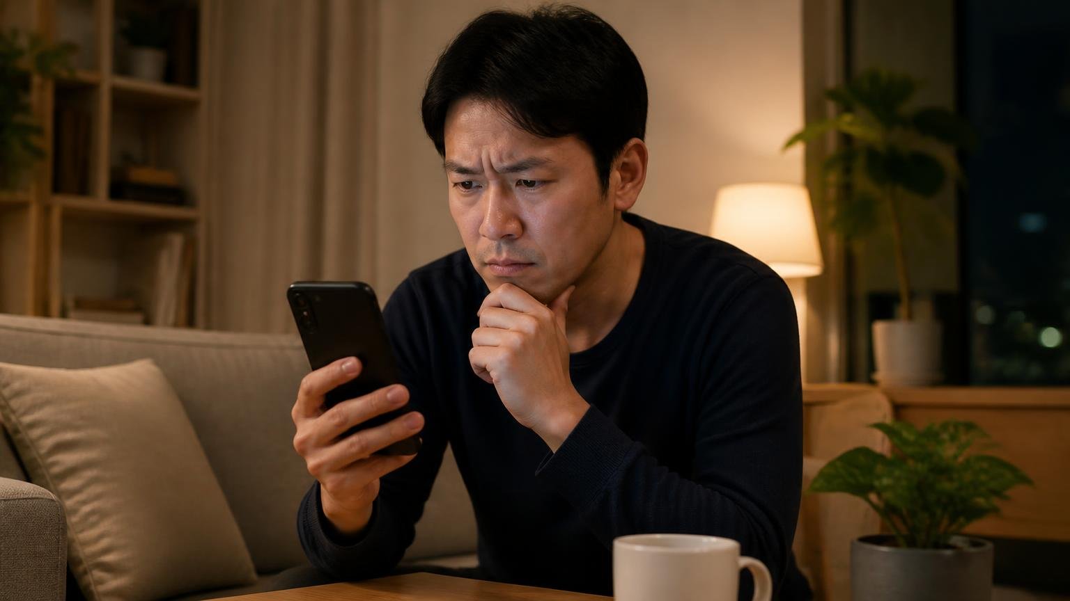 条件が合わず別の業者も検討する場面。夜のリビングでスマホを見ながら悩む住人が眉をひそめる表情