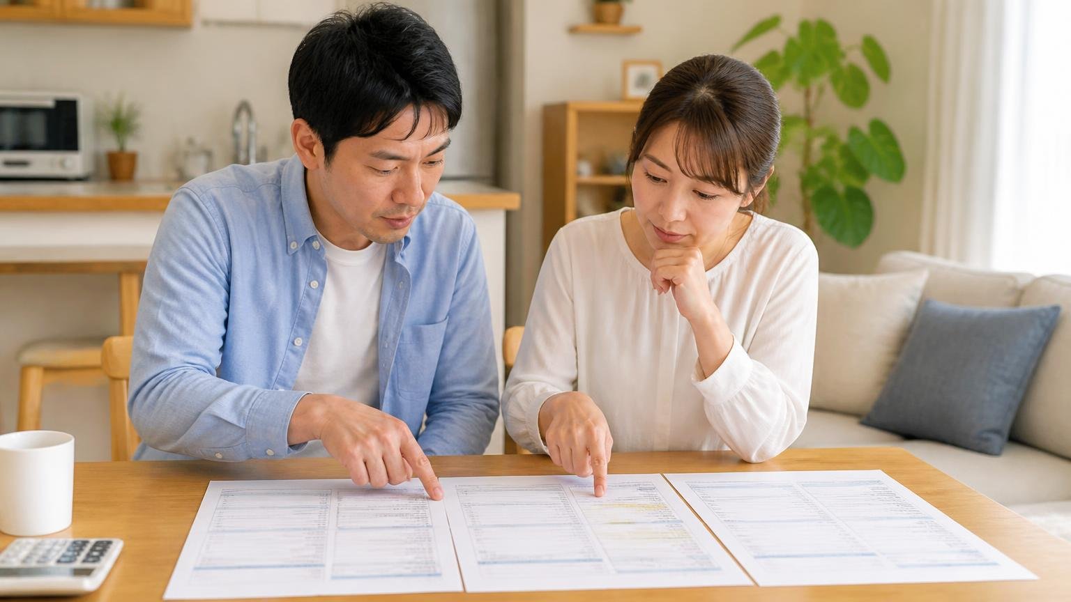 比較する業者を選ぶ場面、リビングのテーブルで夫婦2人が複数の見積書を並べて指さしながら話し合っている